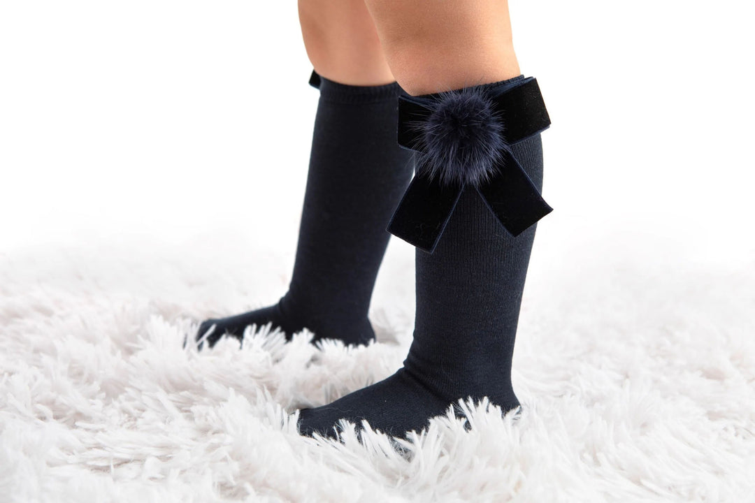 Knee Socks With Velvet Bow and Fur Pompom