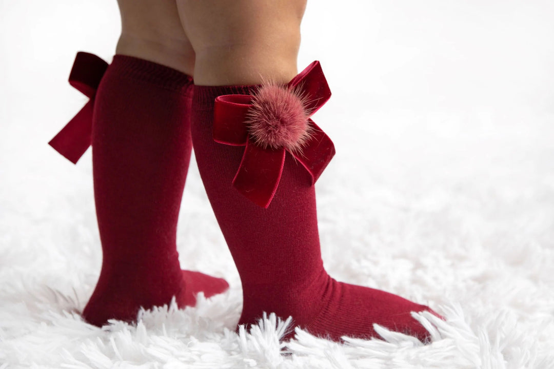 Knee Socks With Velvet Bow and Fur Pompom